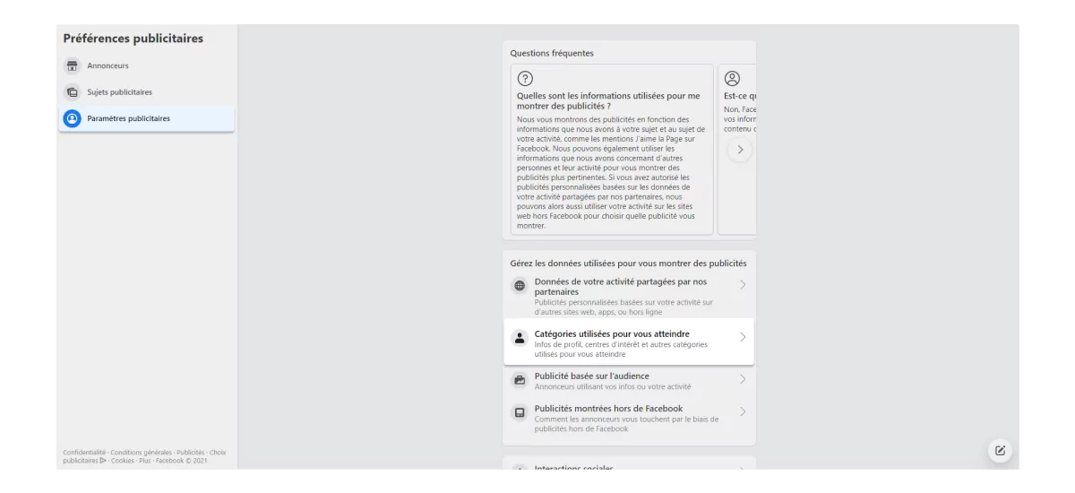 Paramètres publicitaires → Catégories utilisées pour vous atteindre